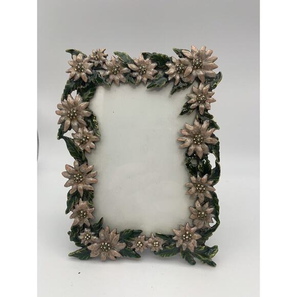 Vintage Metal Enamel Blue Rhinestones & Flowers Photo Frame Easel Holds 4X6” - Picture 3 of 6